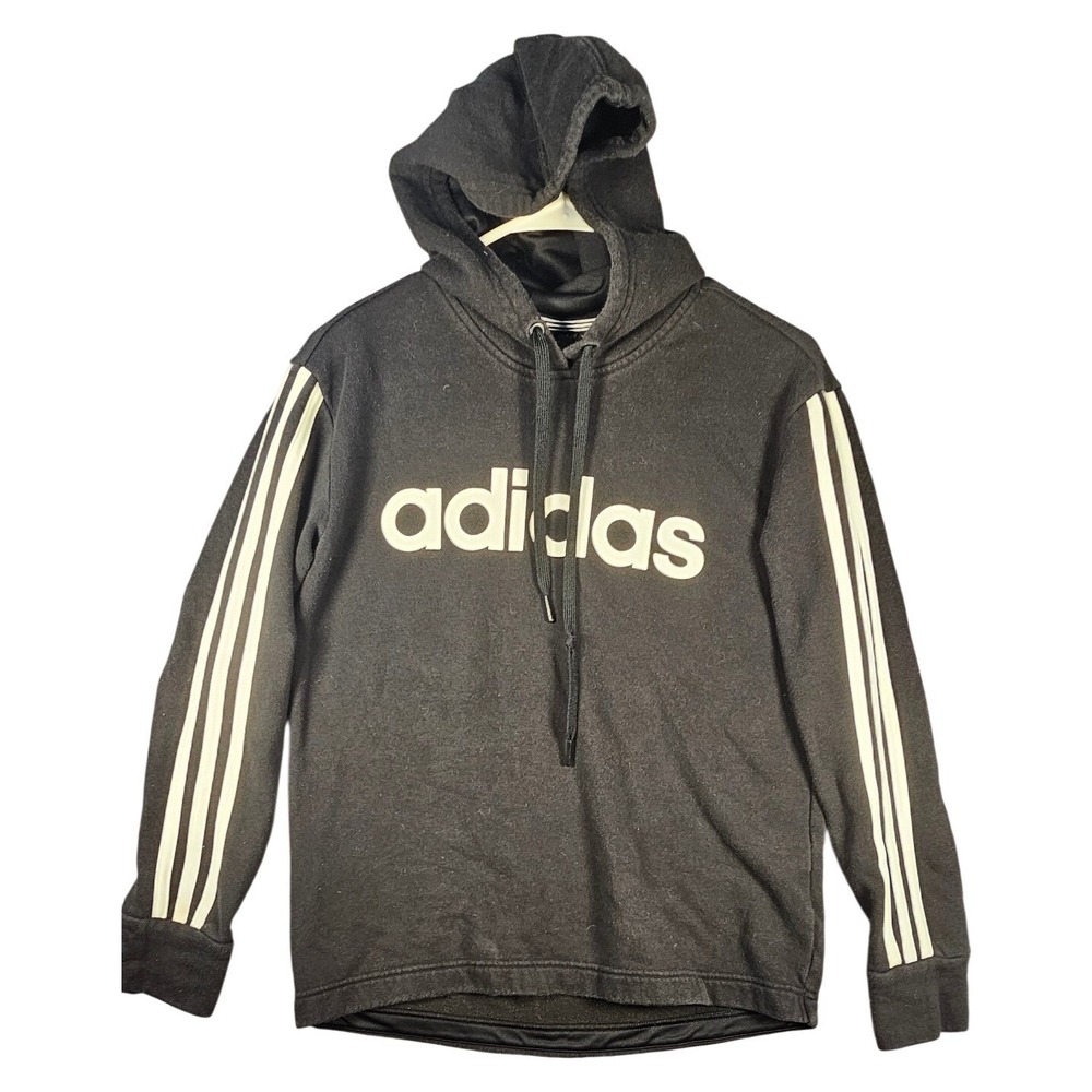 Adidas‎ Essentials Linear Hoodie Black White Logo 3-Stripe Pullover FL4889 Small
